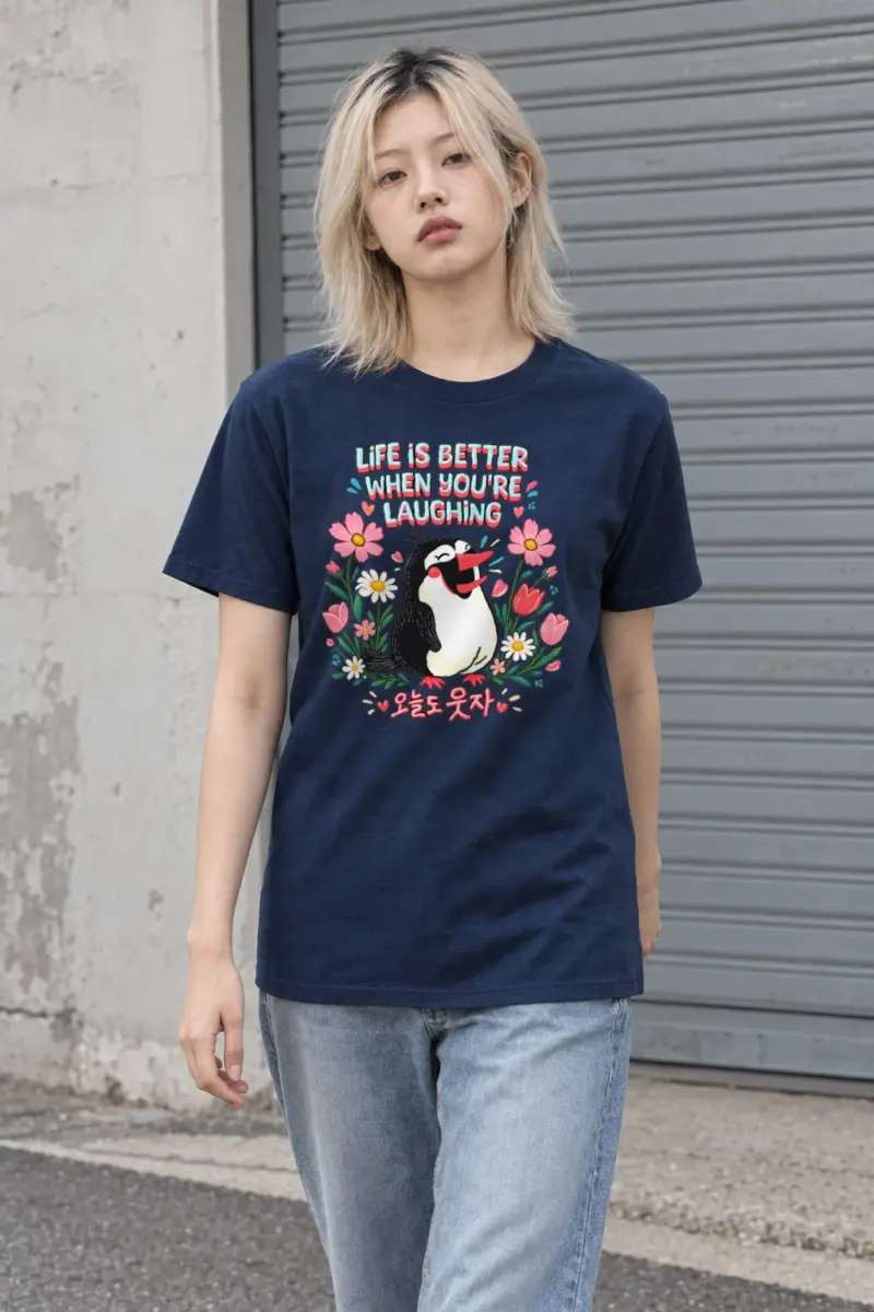 "Laughing Penguin Flowers" Heavyweight Unisex Crewneck T-shirt
