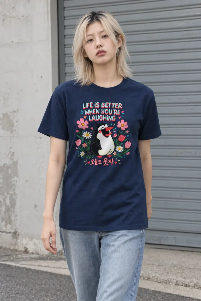 "Laughing Penguin Flowers" Heavyweight Unisex Crewneck T-shirt