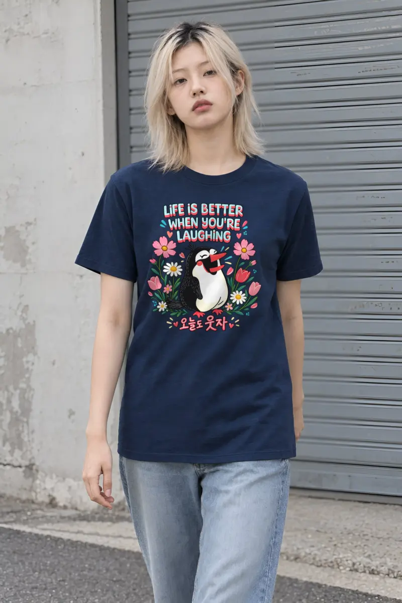 "Laughing Penguin Flowers" Heavyweight Unisex Crewneck T-shirt