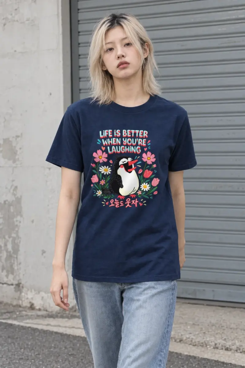 "Laughing Penguin Flowers" Heavyweight Unisex Crewneck T-shirt