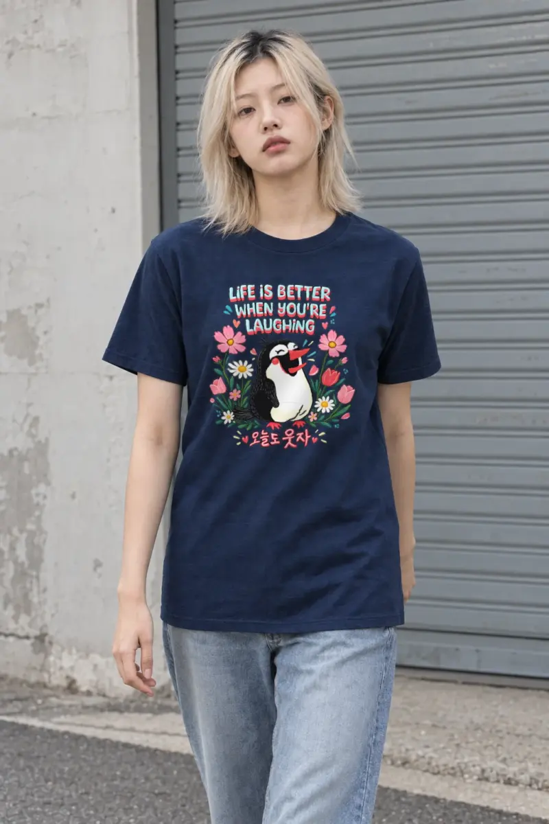 "Laughing Penguin Flowers" Heavyweight Unisex Crewneck T-shirt