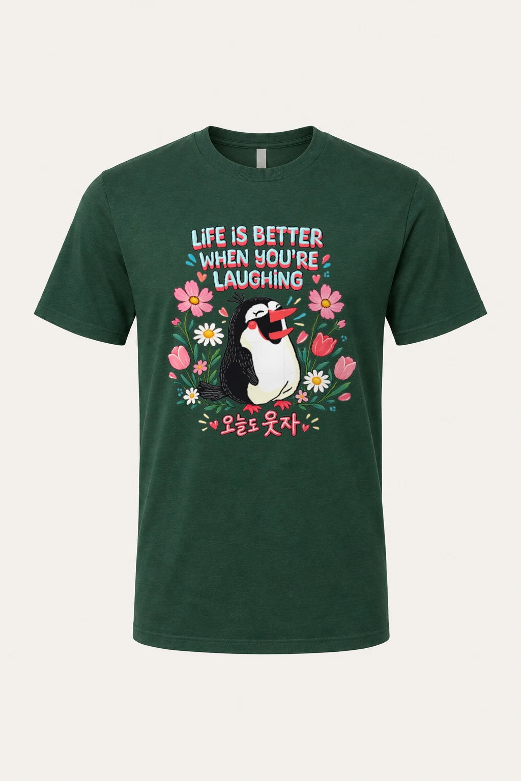 "Laughing Penguin Flowers" Heavyweight Unisex Crewneck T-shirt