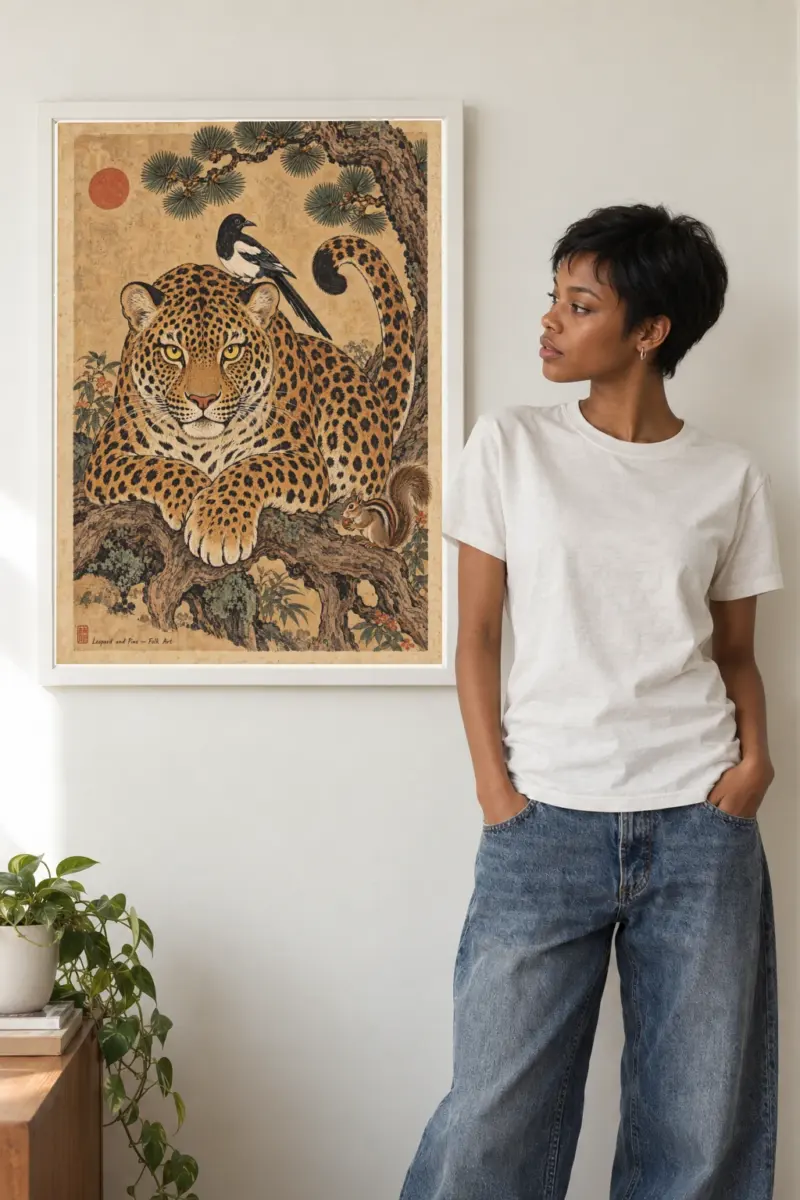 "Leopard and Pine — Folk Art" Premium Wooden Framed Poster