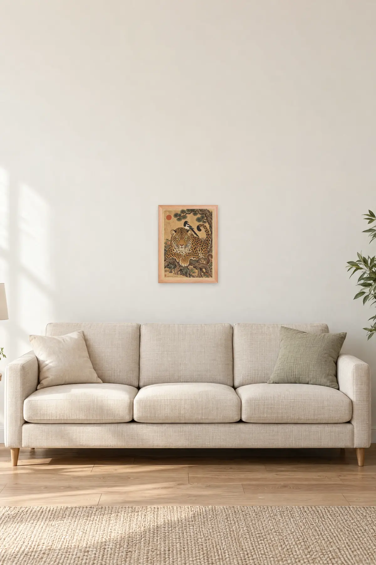 "Leopard and Pine — Folk Art" Premium Wooden Framed Poster — Natural Wood frame, 12 × 16 in