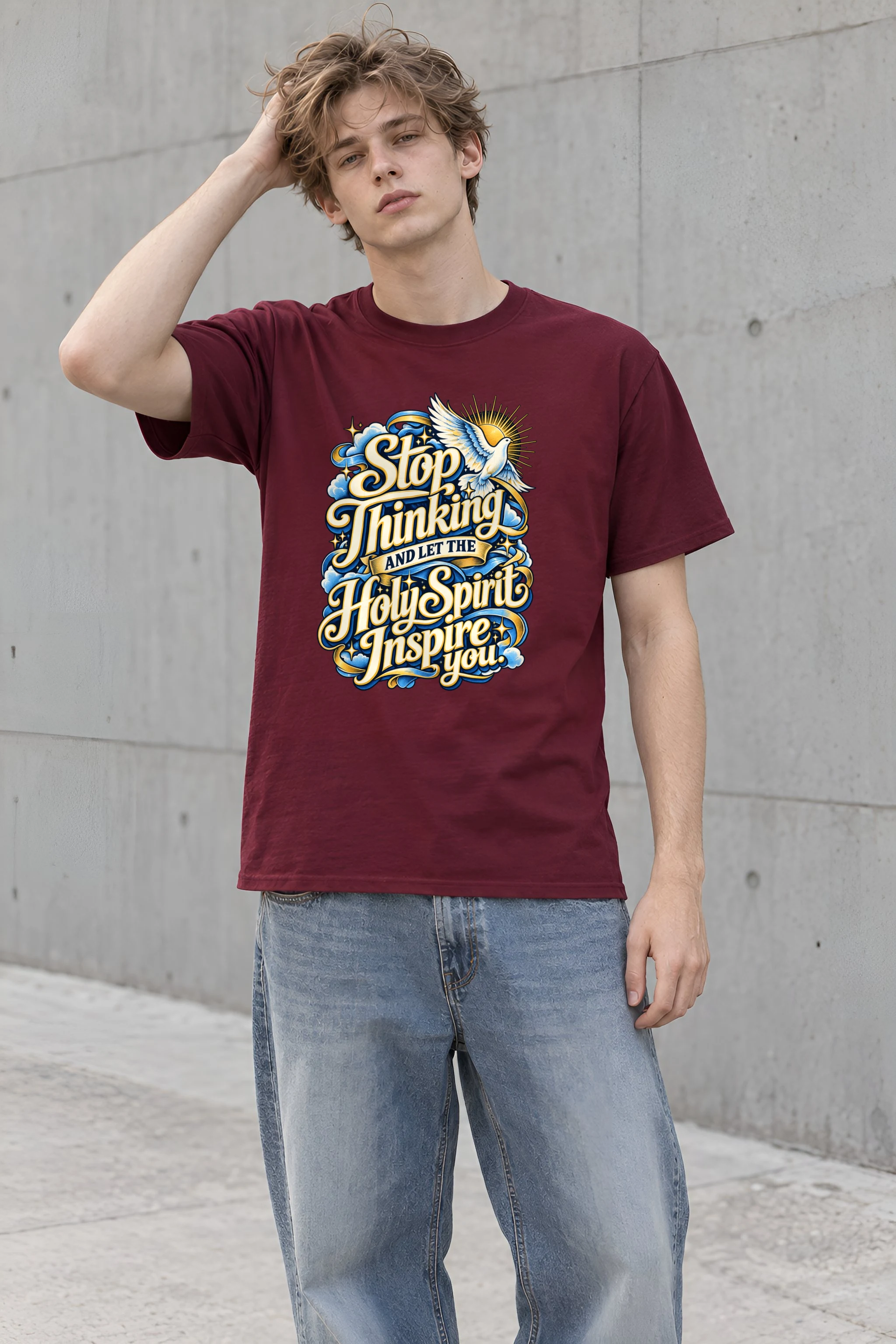"Stop Thinking Script Dove" Heavyweight Unisex Crewneck T-shirt