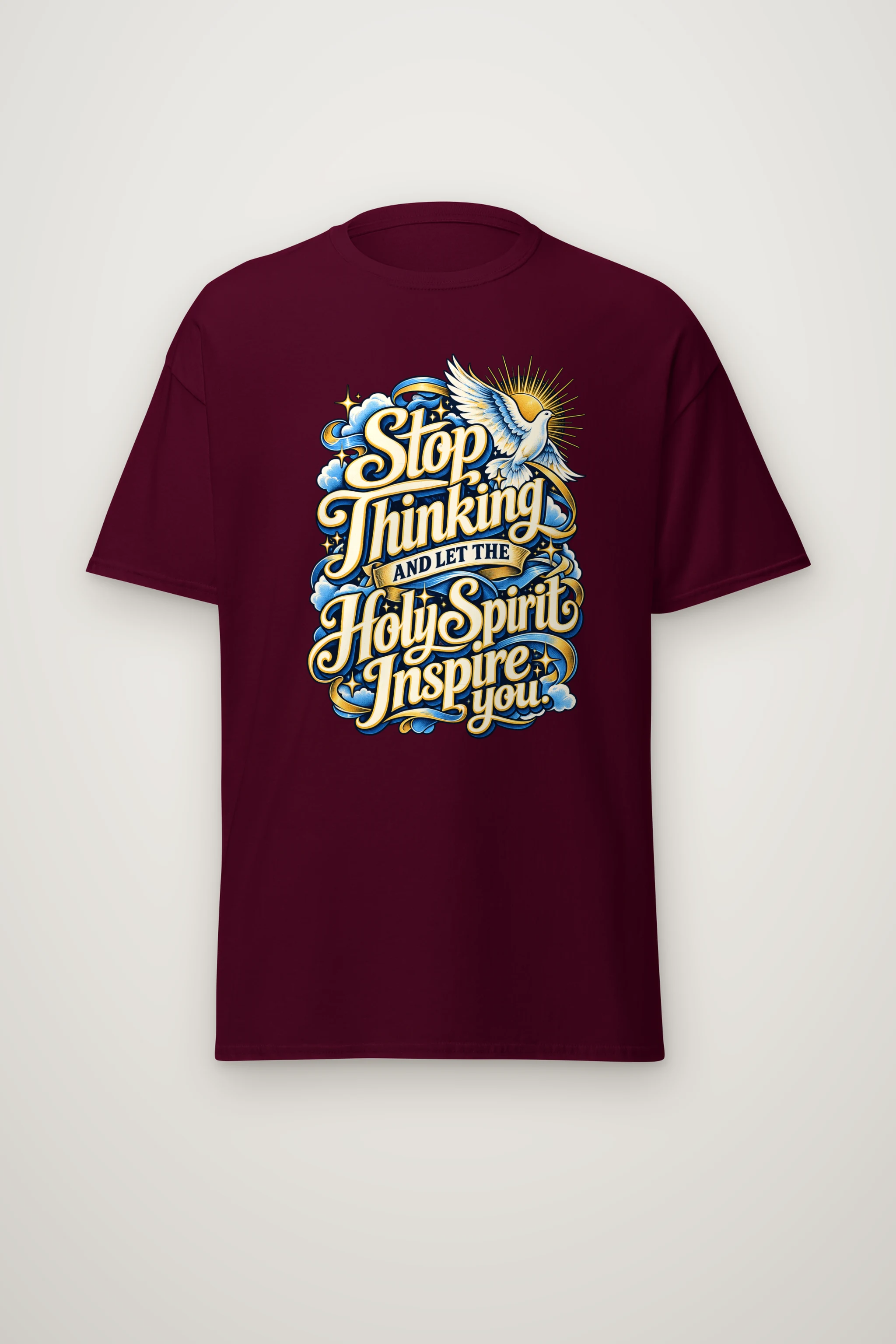 "Stop Thinking Script Dove" Heavyweight Unisex Crewneck T-shirt