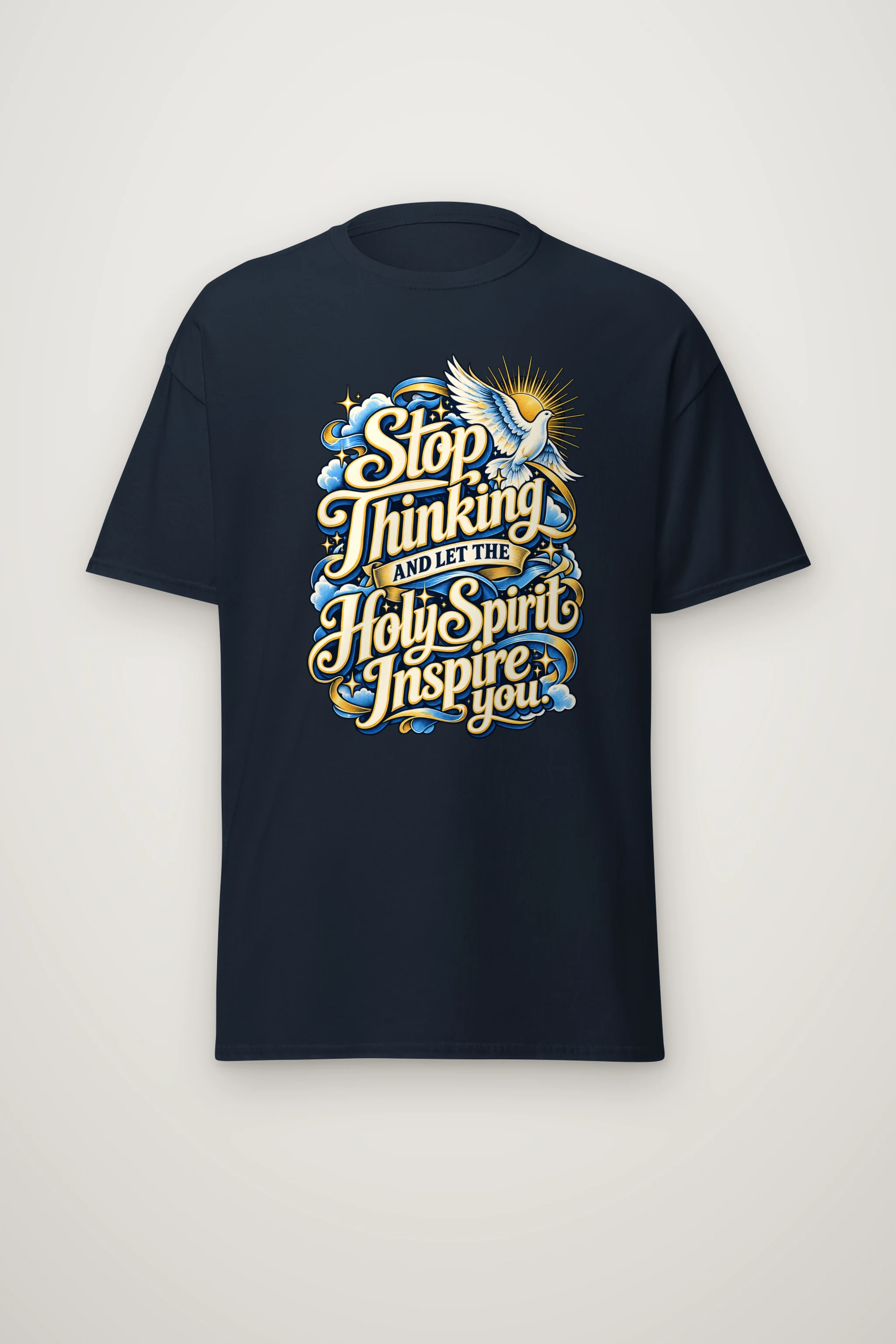 "Stop Thinking Script Dove" Heavyweight Unisex Crewneck T-shirt