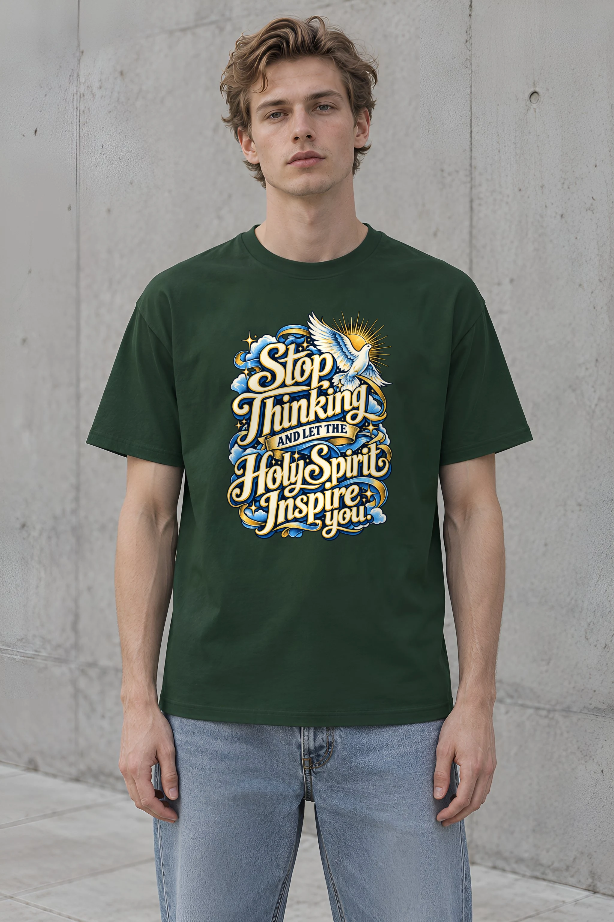"Stop Thinking Script Dove" Heavyweight Unisex Crewneck T-shirt