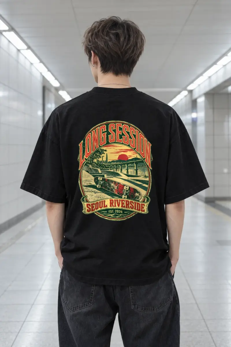 "Long Session Seoul Riverside" Men's Oversized Heavyweight Crewneck T-Shirt