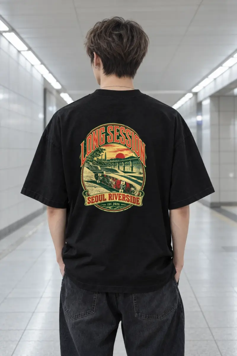"Long Session Seoul Riverside" Men's Oversized Heavyweight Crewneck T-Shirt