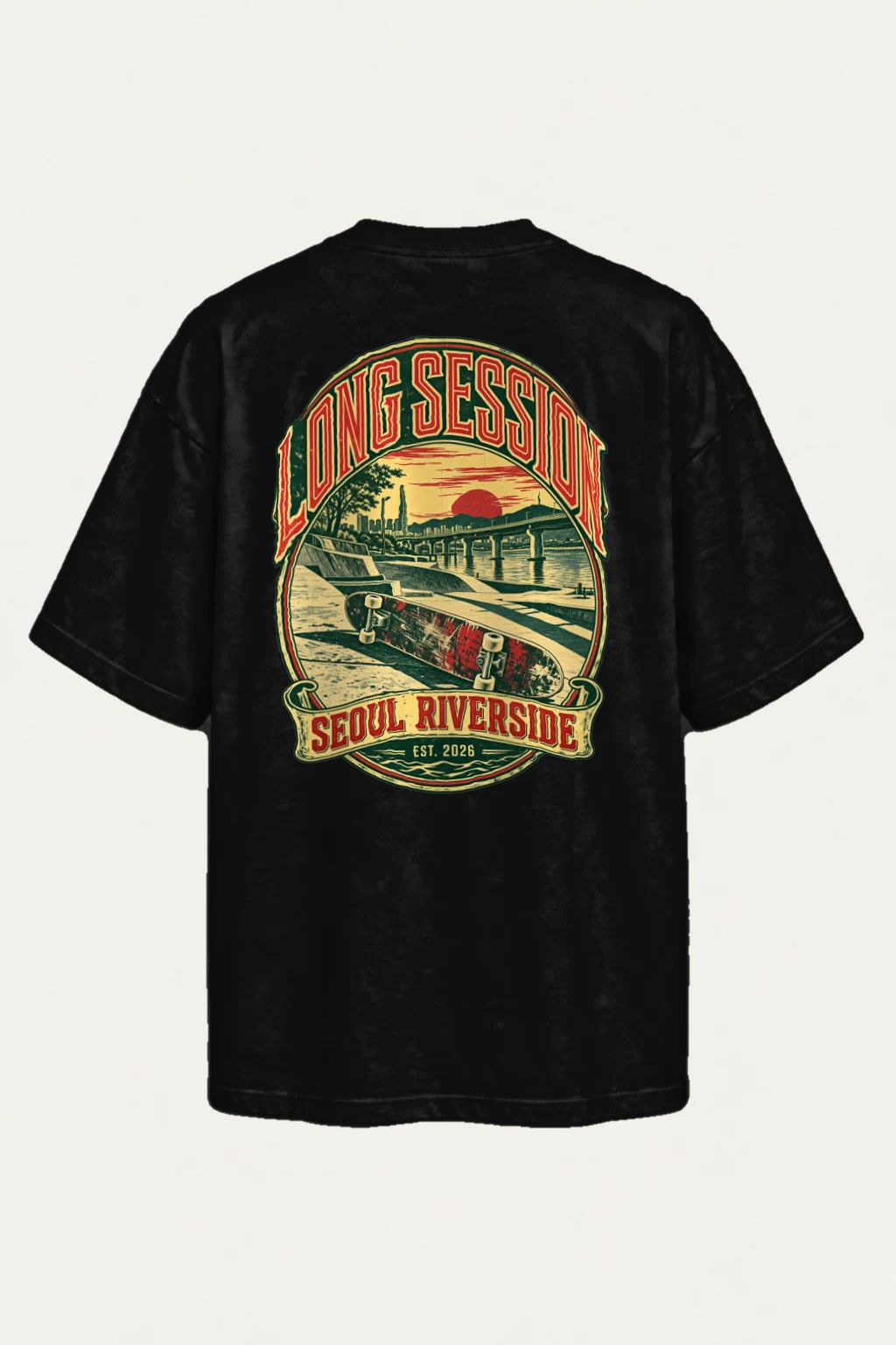"Long Session Seoul Riverside" Men's Oversized Heavyweight Crewneck T-Shirt