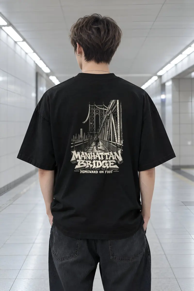 "Manhattan Bridge Homeward On Foot" Men's Oversized Heavyweight Crewneck T-Shirt