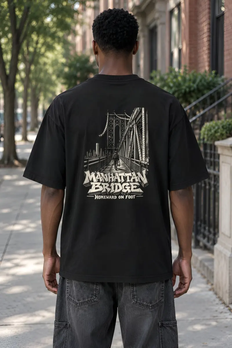 "Manhattan Bridge Homeward On Foot" Men's Oversized Heavyweight Crewneck T-Shirt