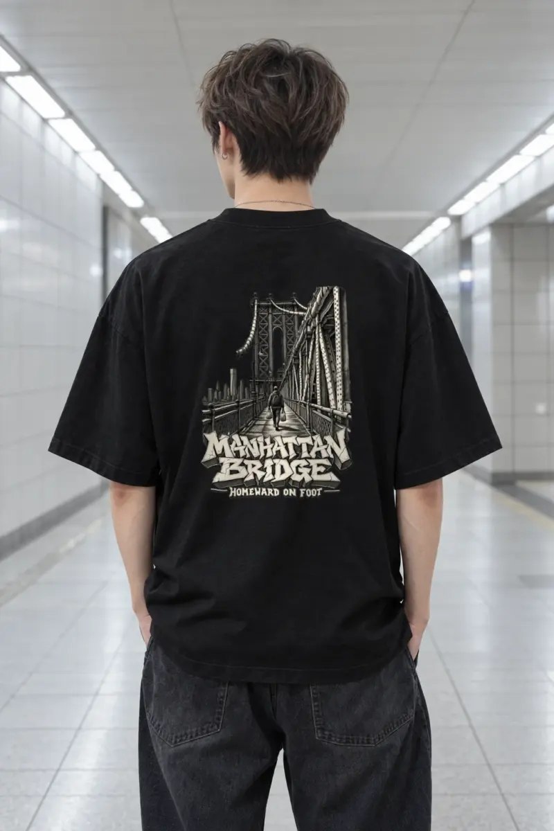 "Manhattan Bridge Homeward On Foot" Men's Oversized Heavyweight Crewneck T-Shirt