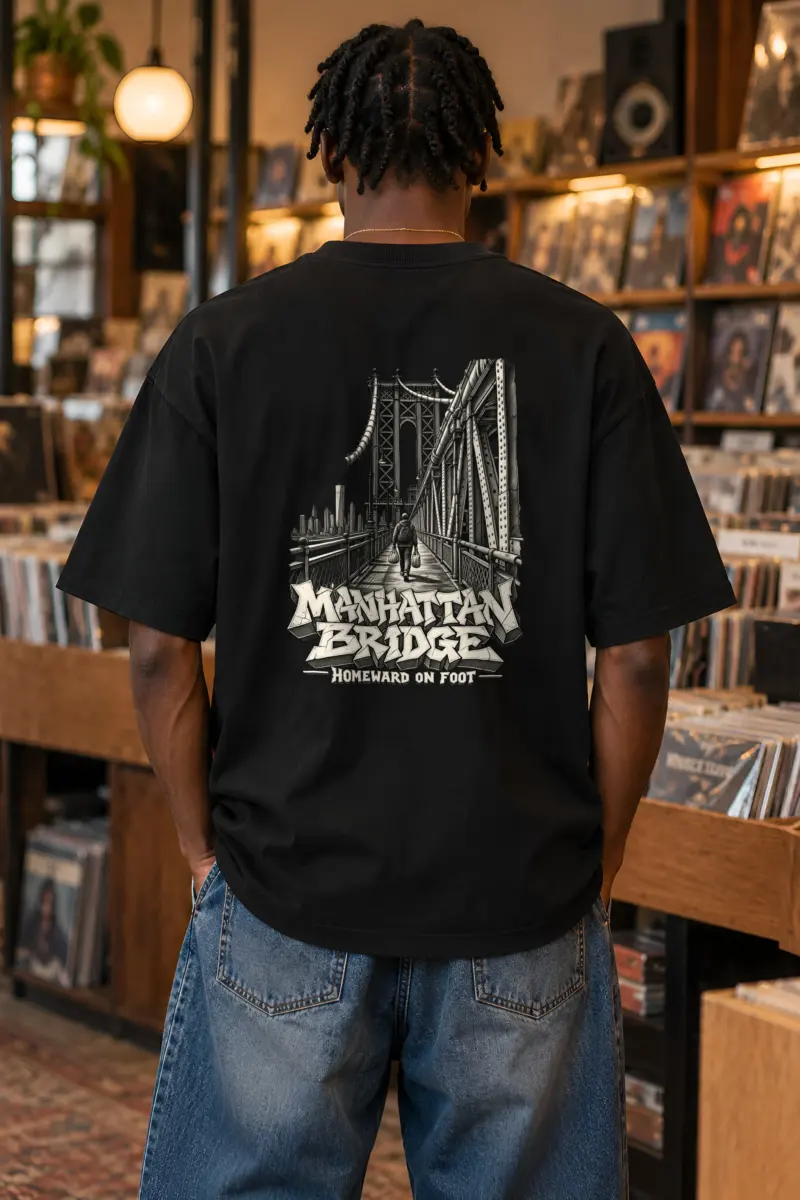 "Manhattan Bridge Homeward On Foot" Unisex Oversized Heavyweight Crewneck T-Shirt