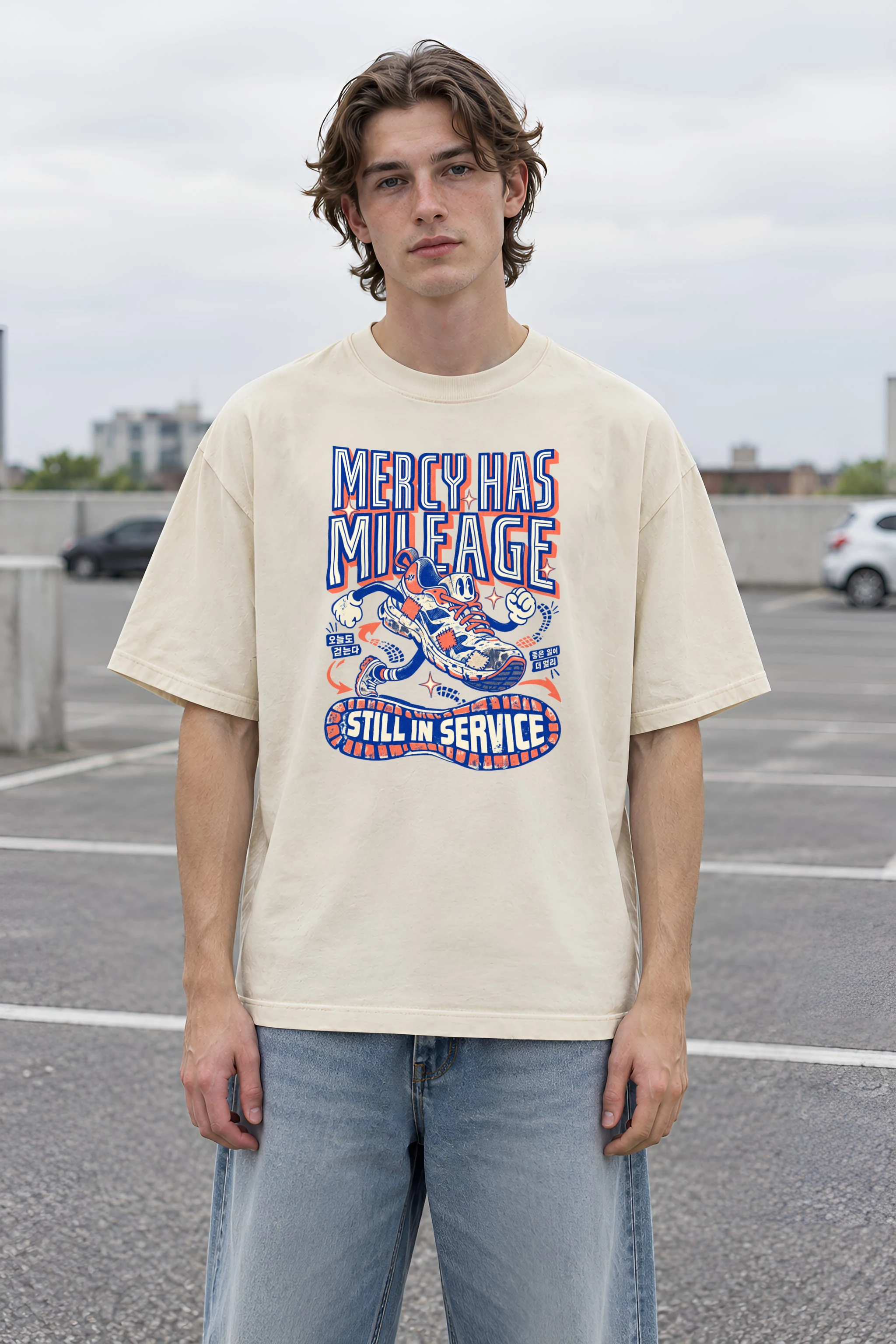 "Mercy Has Mileage" Men's Oversized Heavyweight Crewneck T-Shirt