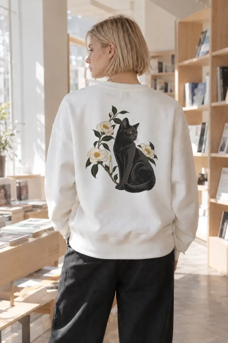 "Midnight Bloom Cat" Heavy Blend Unisex Crewneck Sweatshirt | Gildan 18000