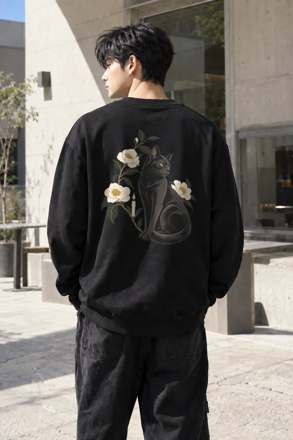 "Midnight Bloom Cat" Heavy Blend Unisex Crewneck Sweatshirt | Gildan 18000