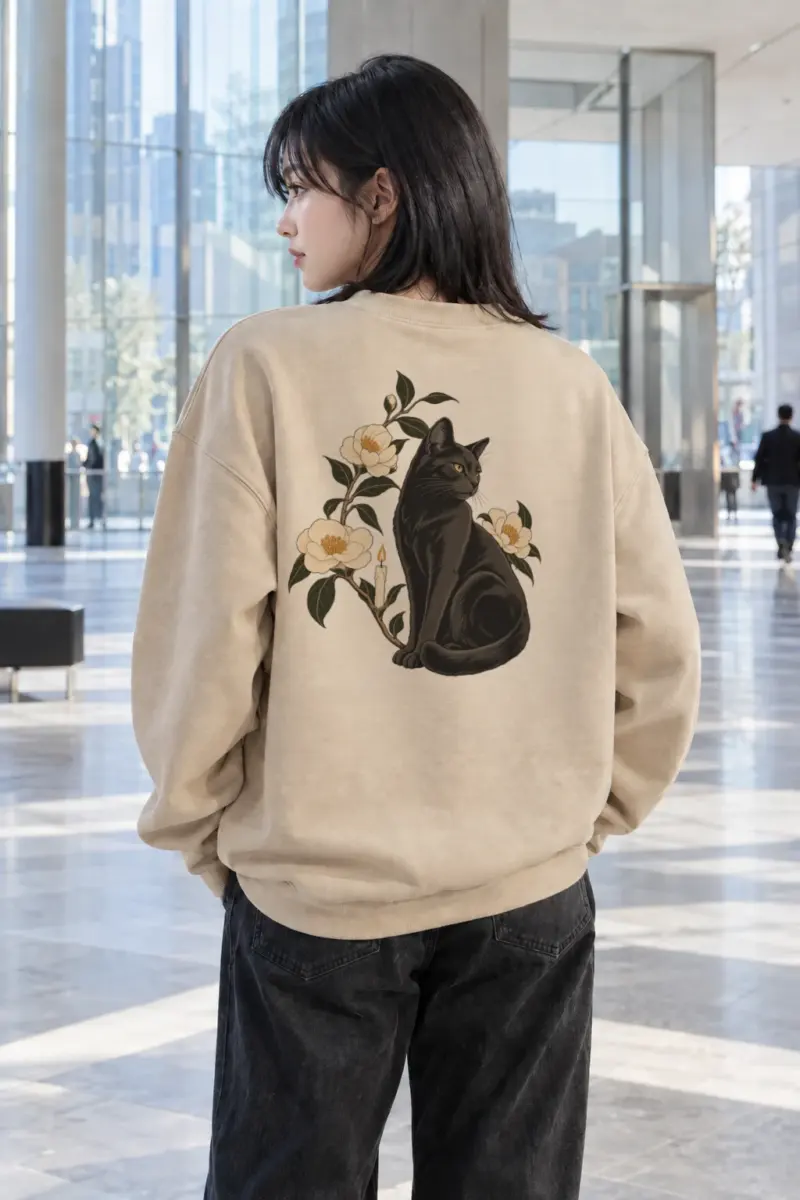 "Midnight Bloom Cat" Heavy Blend Unisex Crewneck Sweatshirt | Gildan 18000