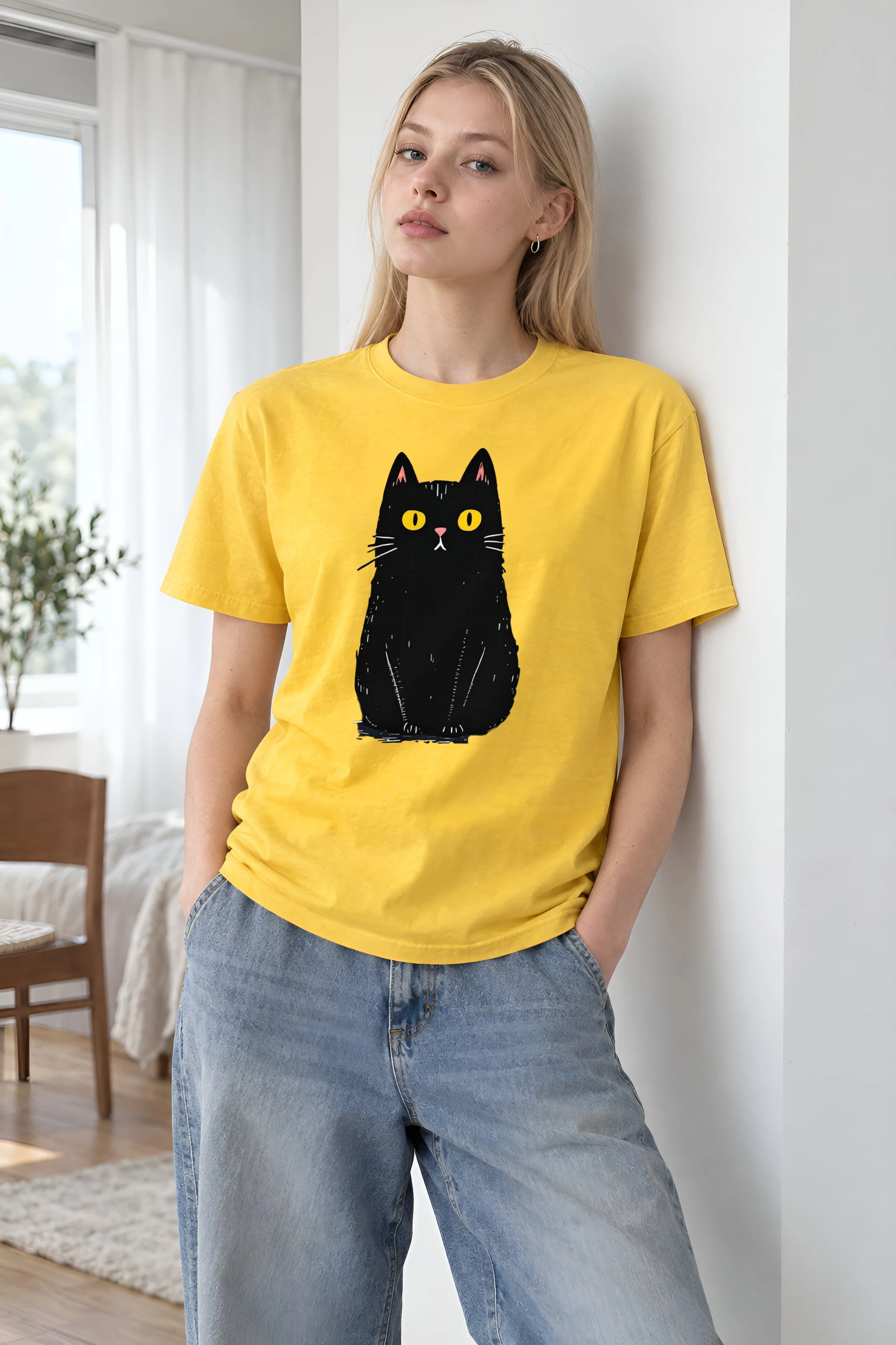 "Midnight Cat" Heavyweight Unisex Crewneck T-shirt