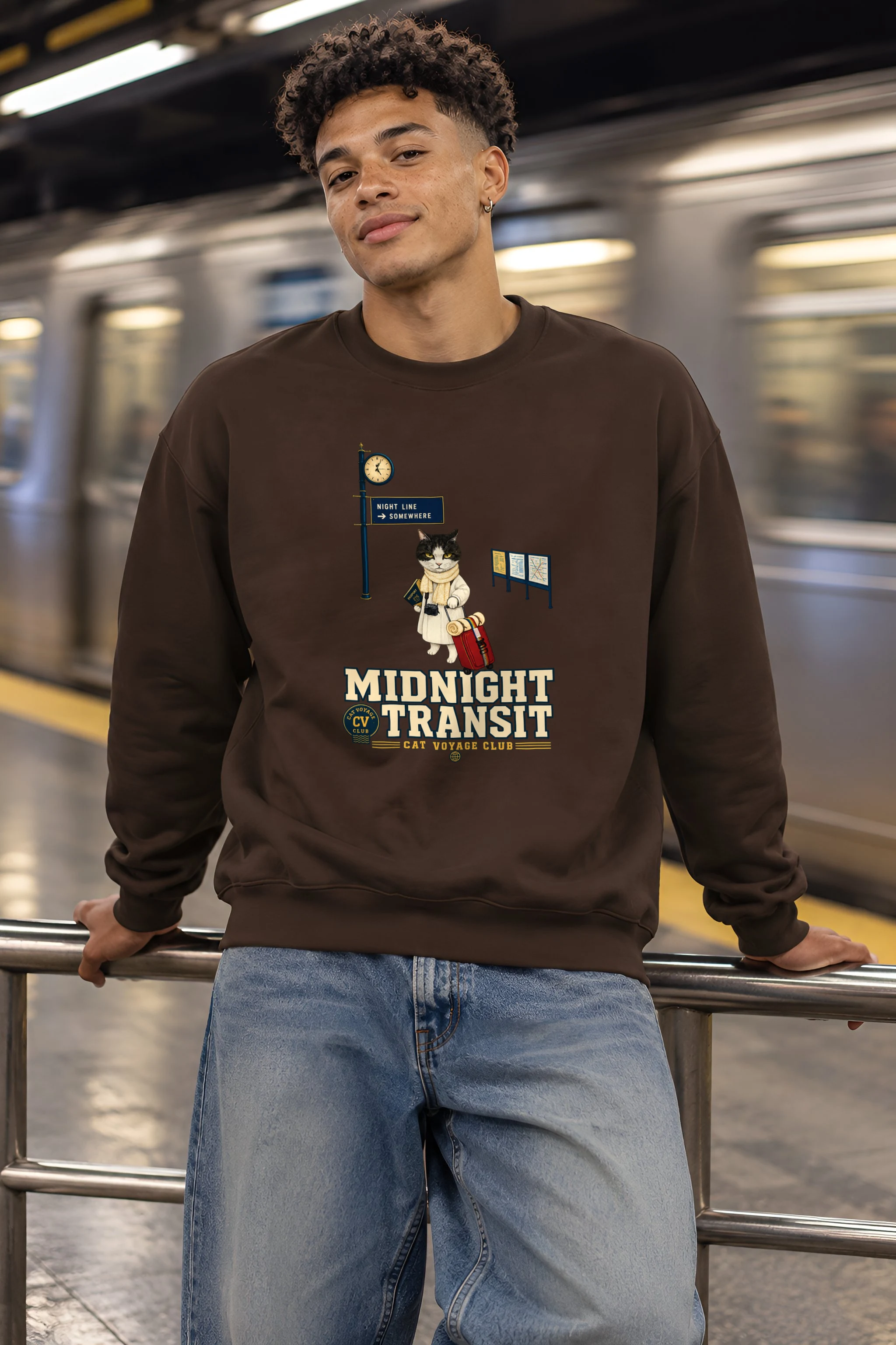 "Midnight Transit Cat" 1 Crewneck Sweatshirt