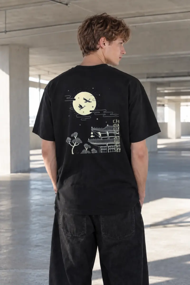 "Moonlit Crane Flight" Heavyweight Unisex Crewneck T-shirt | Gildan 5000