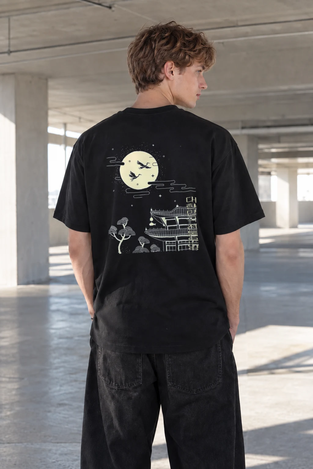 "Moonlit Crane Flight" Heavyweight Unisex Crewneck T-shirt | Gildan 5000