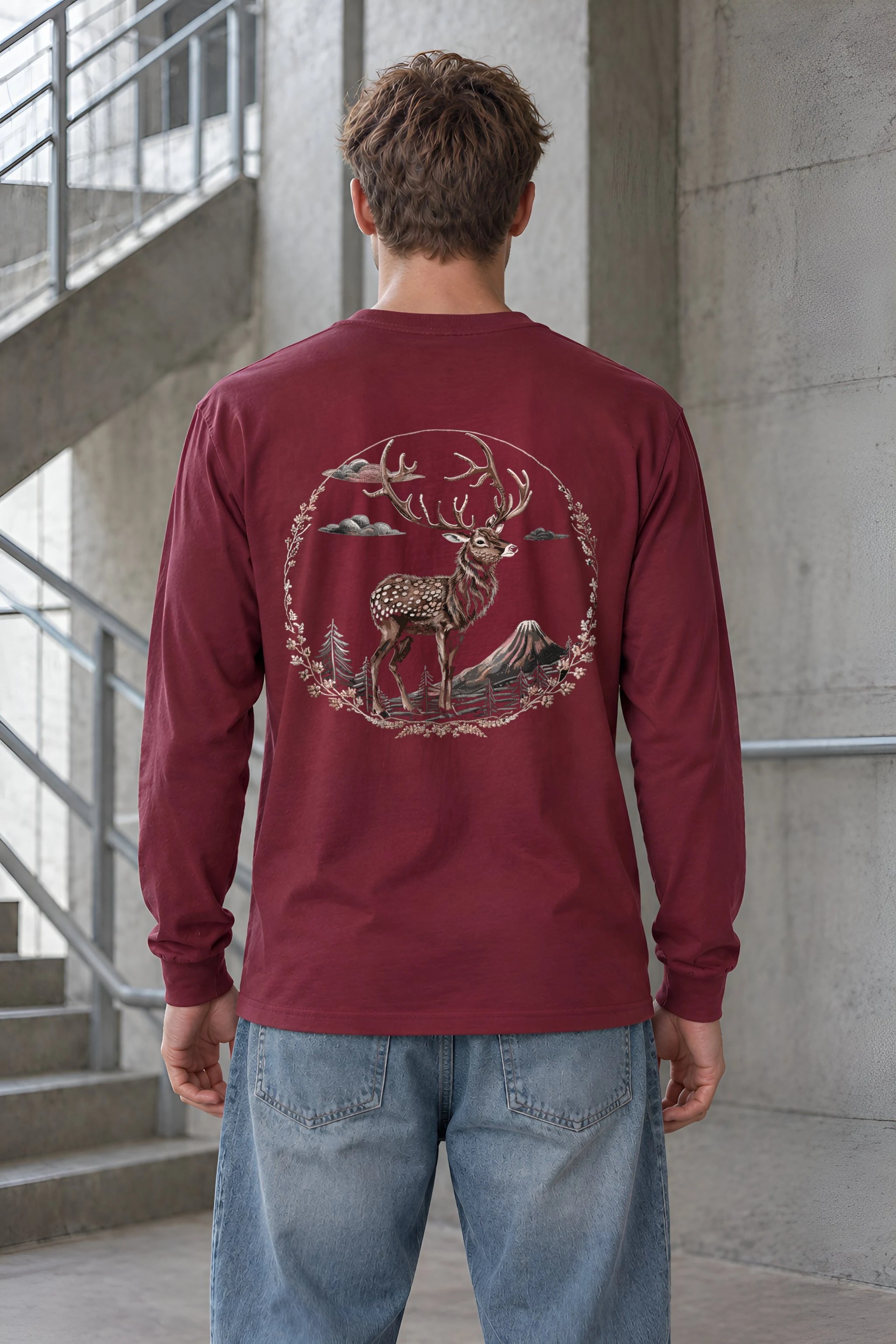 "Mountain Stag Engraving" Unisex Longsleeve T-shirt