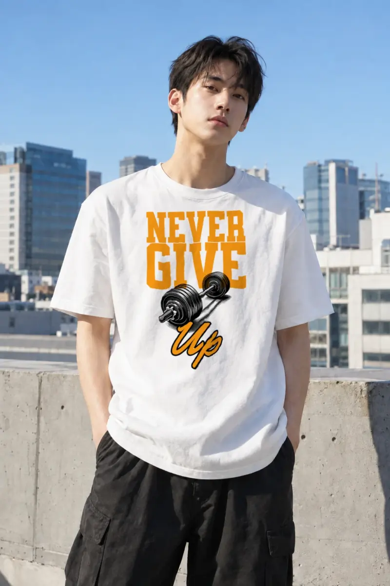 “Never Give Up” Heavyweight Unisex Crewneck T-shirt | Gildan 5000