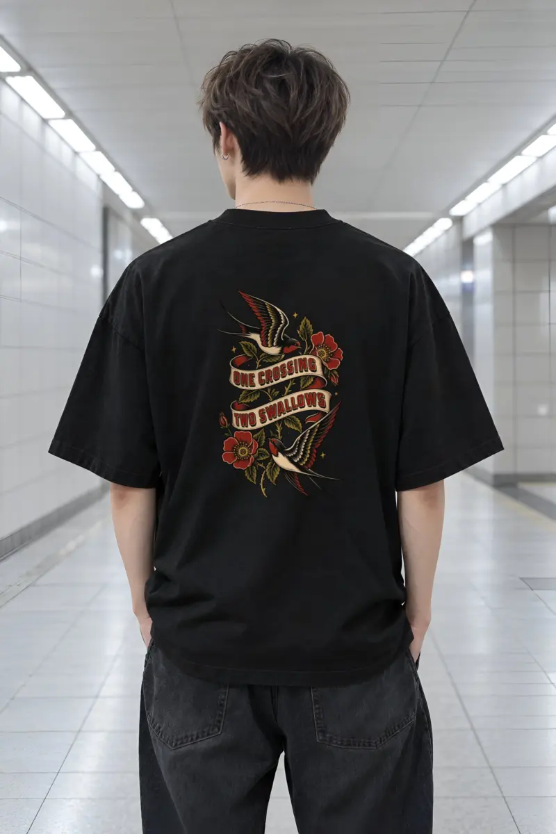"One Crossing Two Swallows" Men's Oversized Heavyweight Crewneck T-Shirt