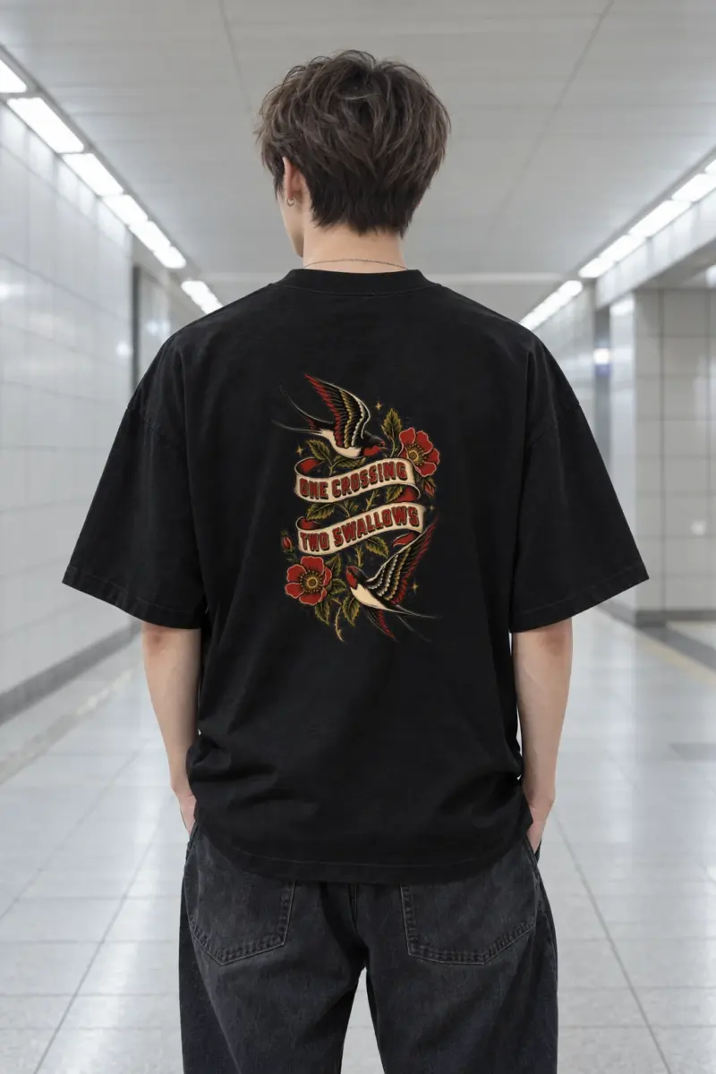 "One Crossing Two Swallows" Men's Oversized Heavyweight Crewneck T-Shirt