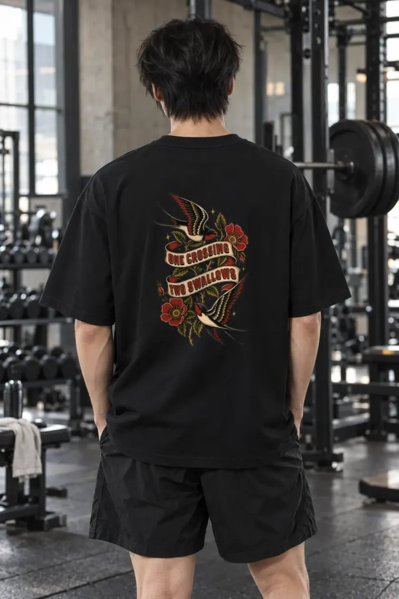 “One Crossing Two Swallows” Men’s Oversized Heavyweight Crewneck T-Shirt