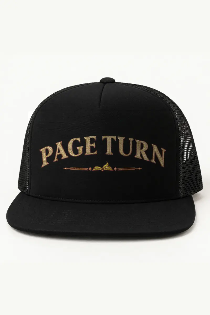 "Page Turn" 5 Panel Trucker Cap · Embroidered — black/cap-front