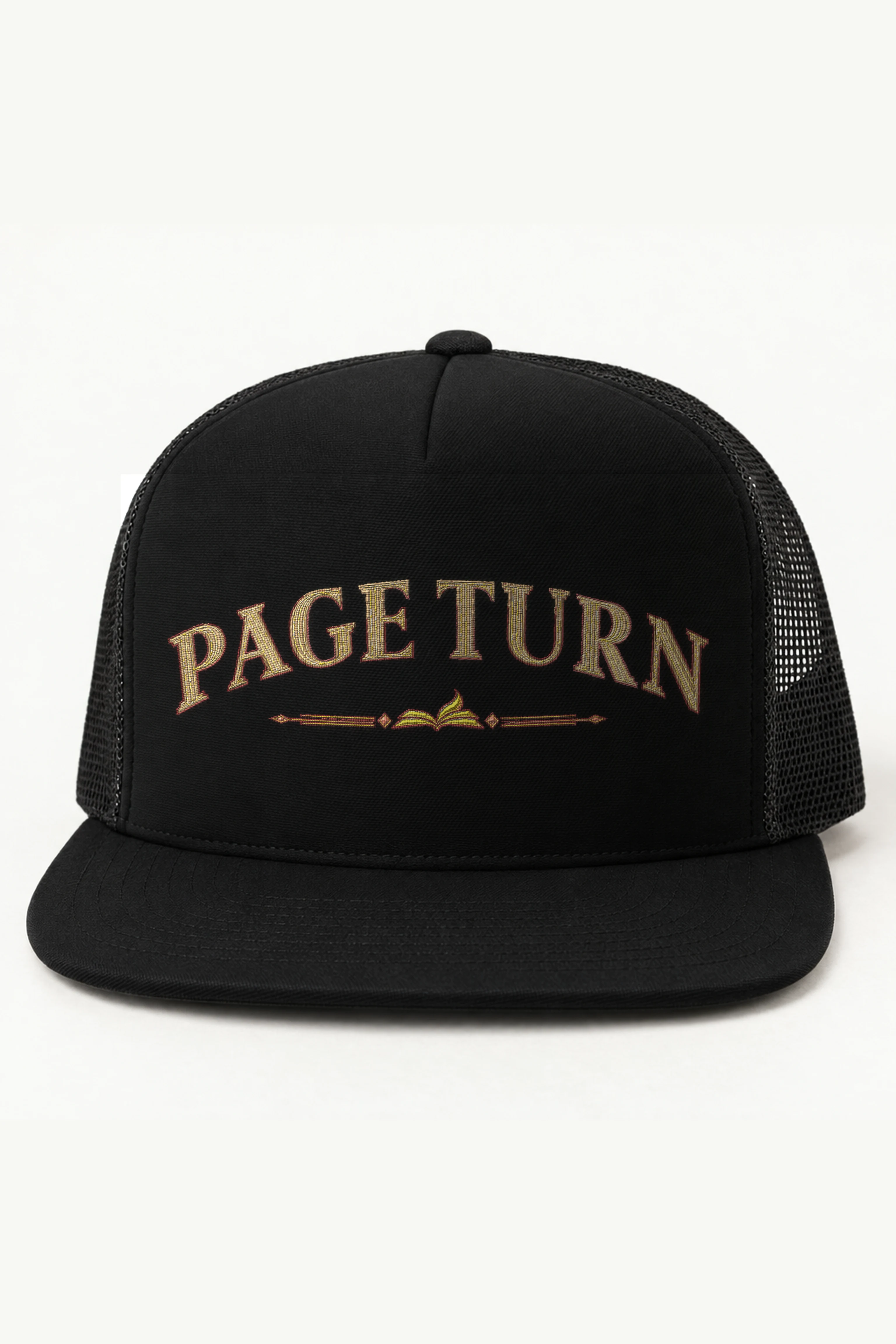 "Page Turn" 5 Panel Trucker Cap · Embroidered — black/cap-front