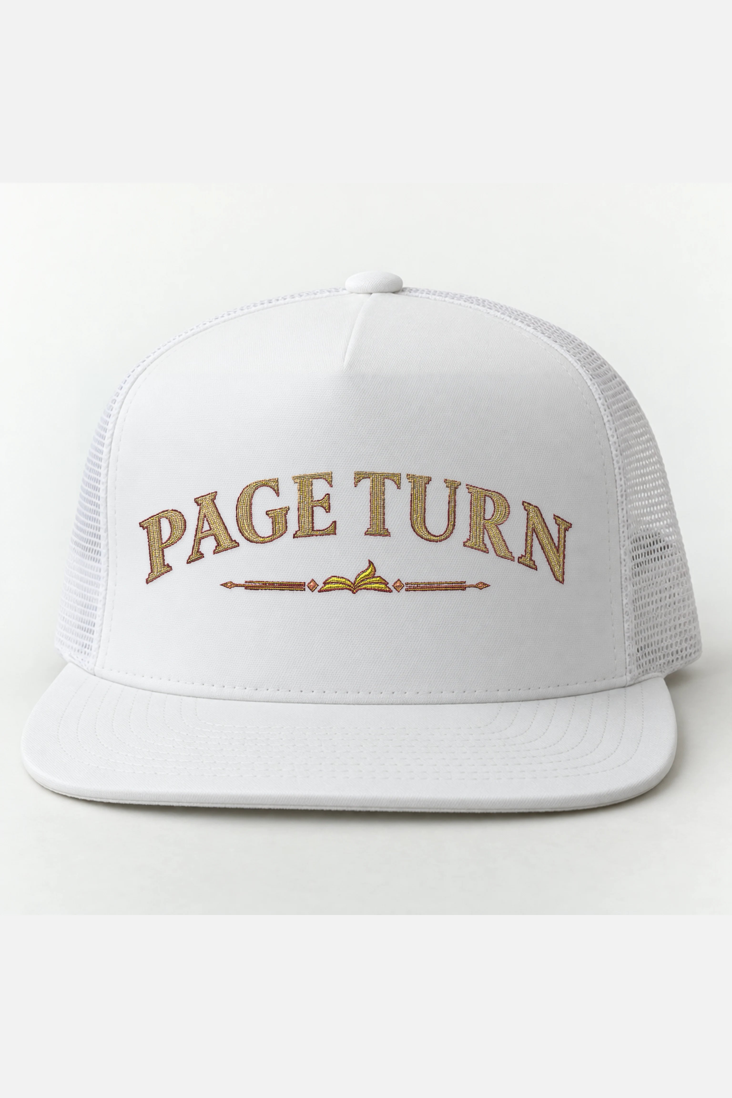 "Page Turn" 5 Panel Trucker Cap · Embroidered — white/cap-front
