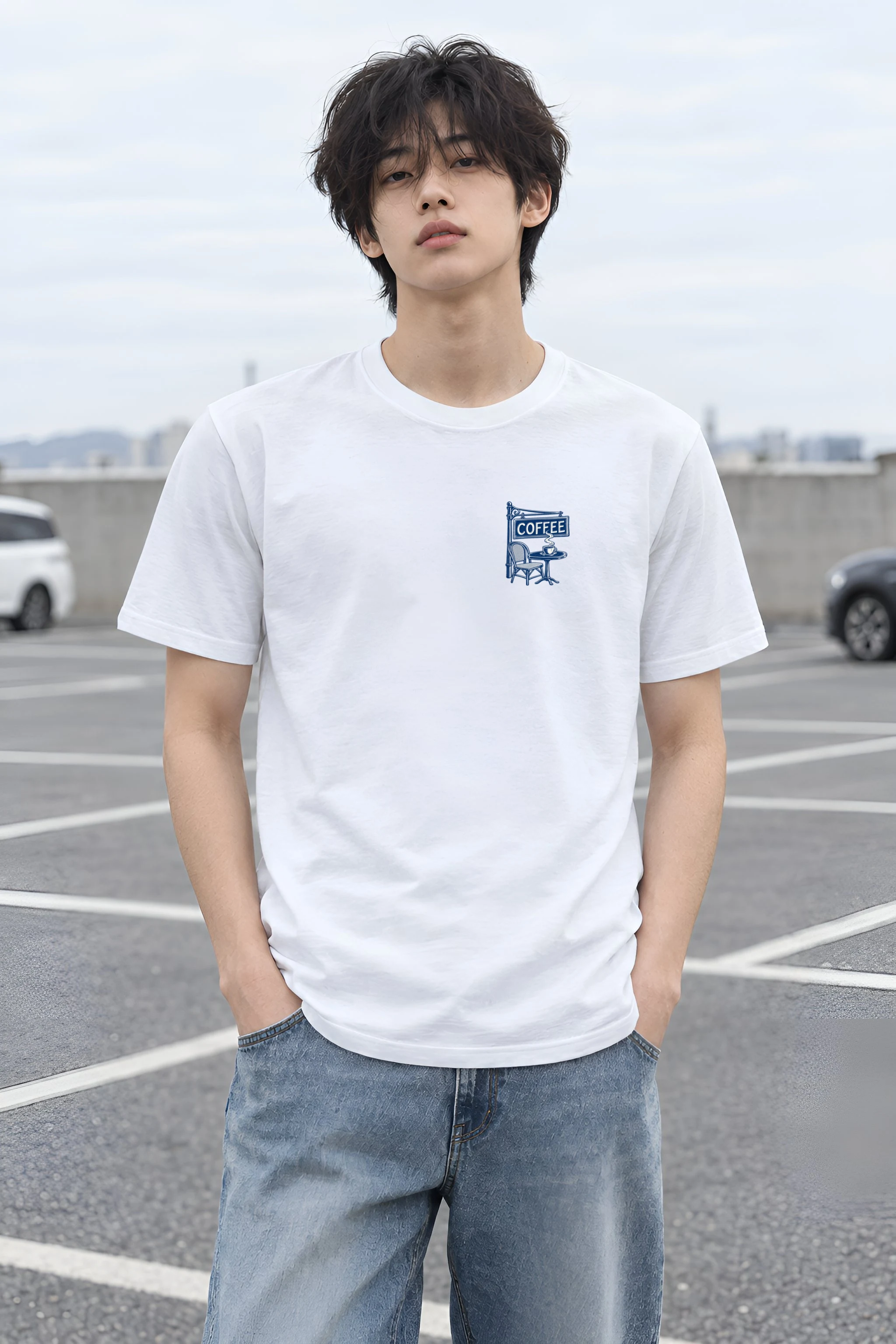 "Paris Café Sketch" Heavyweight Unisex Crewneck T-shirt