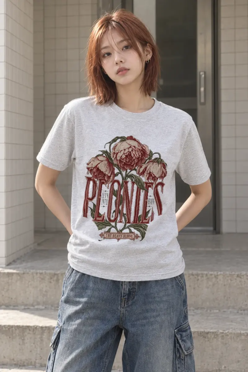 “Peonies Lean Into Rain” Heavyweight Unisex Crewneck T-shirt