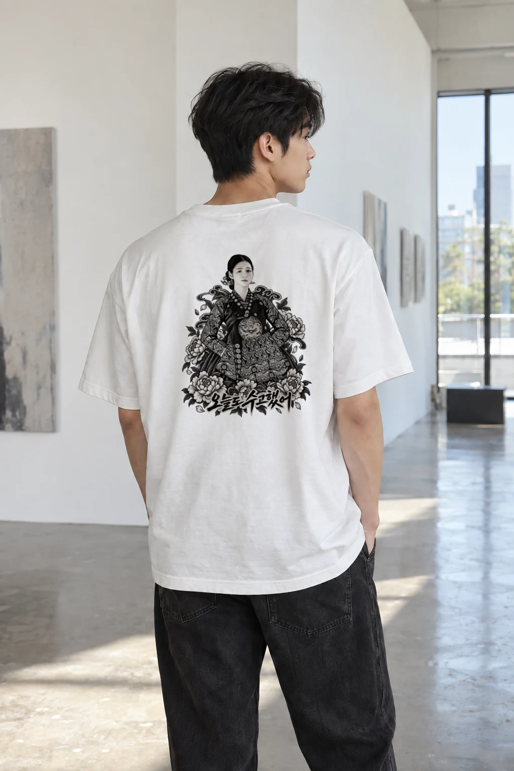 "Peony Hanbok Portrait" Heavyweight Unisex Crewneck T-shirt | Gildan 5000