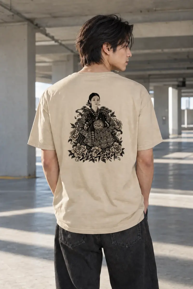 "Peony Hanbok Portrait" Heavyweight Unisex Crewneck T-shirt | Gildan 5000