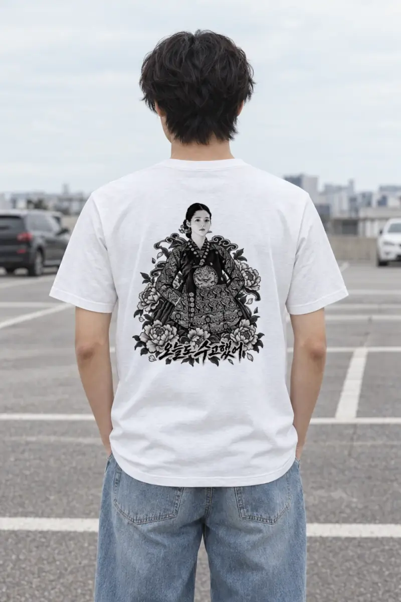 "Peony Hanbok Portrait" Heavyweight Unisex Crewneck T-shirt | Gildan 5000