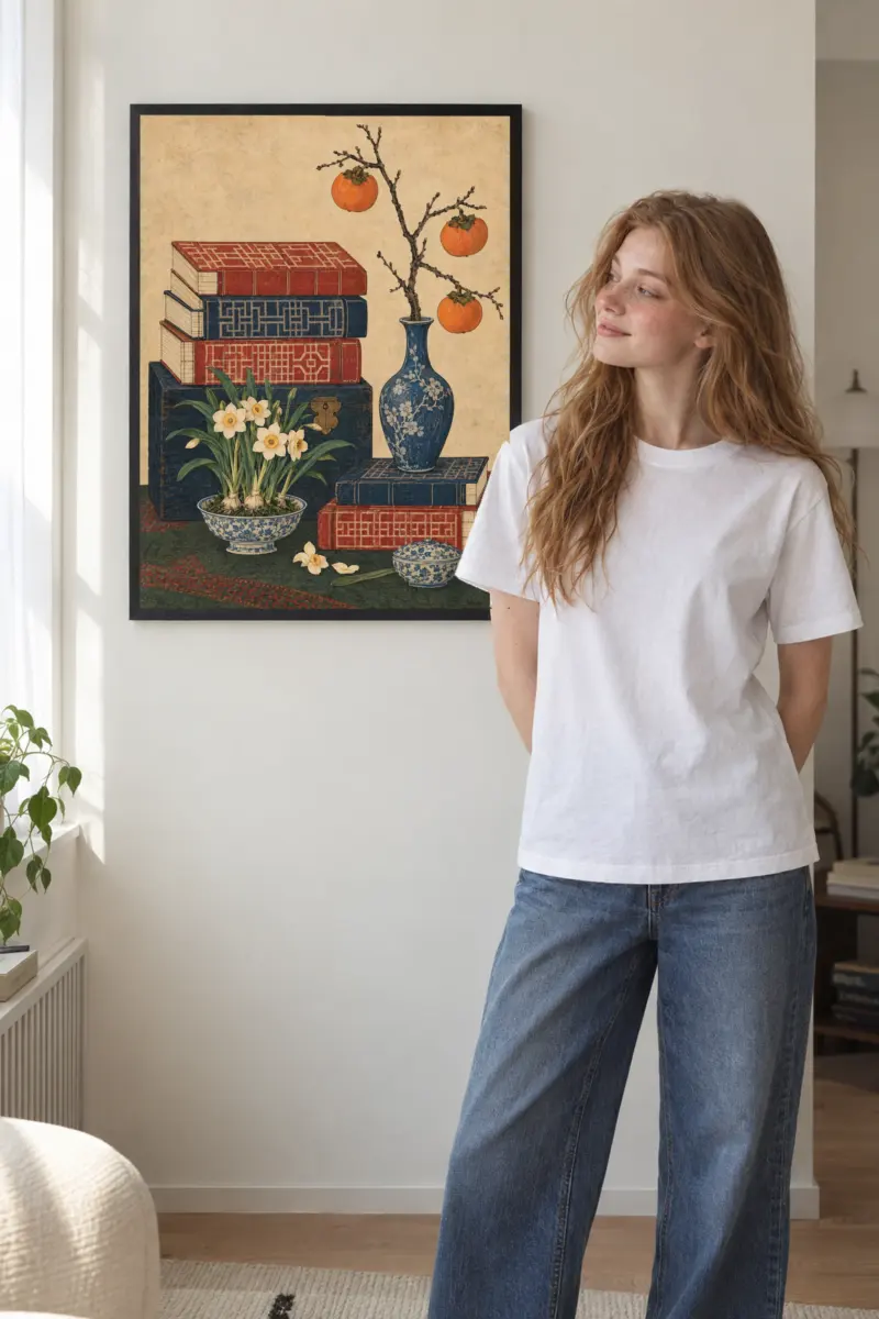 "Persimmons and Scholar’s Desk" Premium Wooden Framed Poster