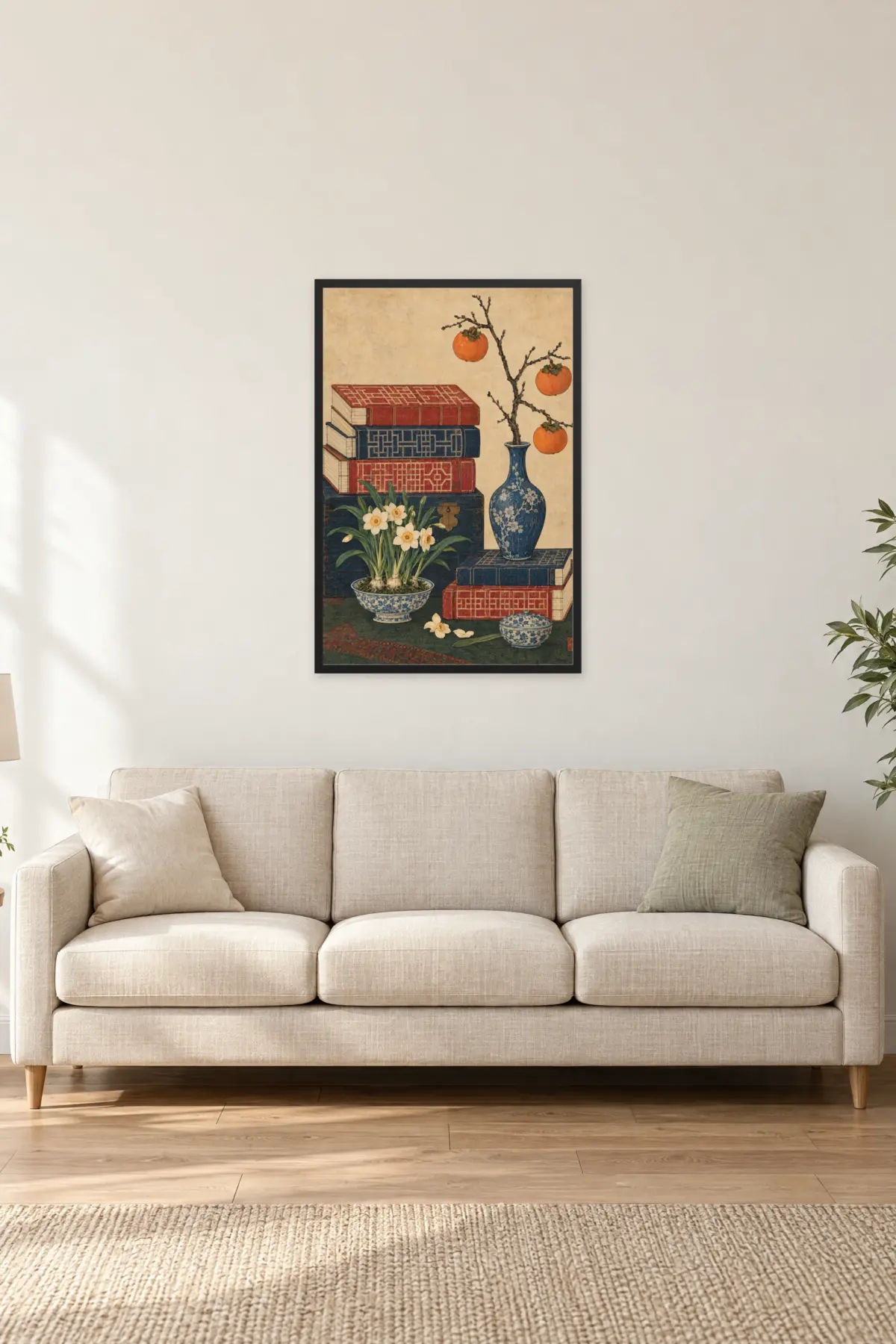 "Persimmons and Scholar’s Desk" Premium Wooden Framed Poster — Black frame, 24 × 36 in