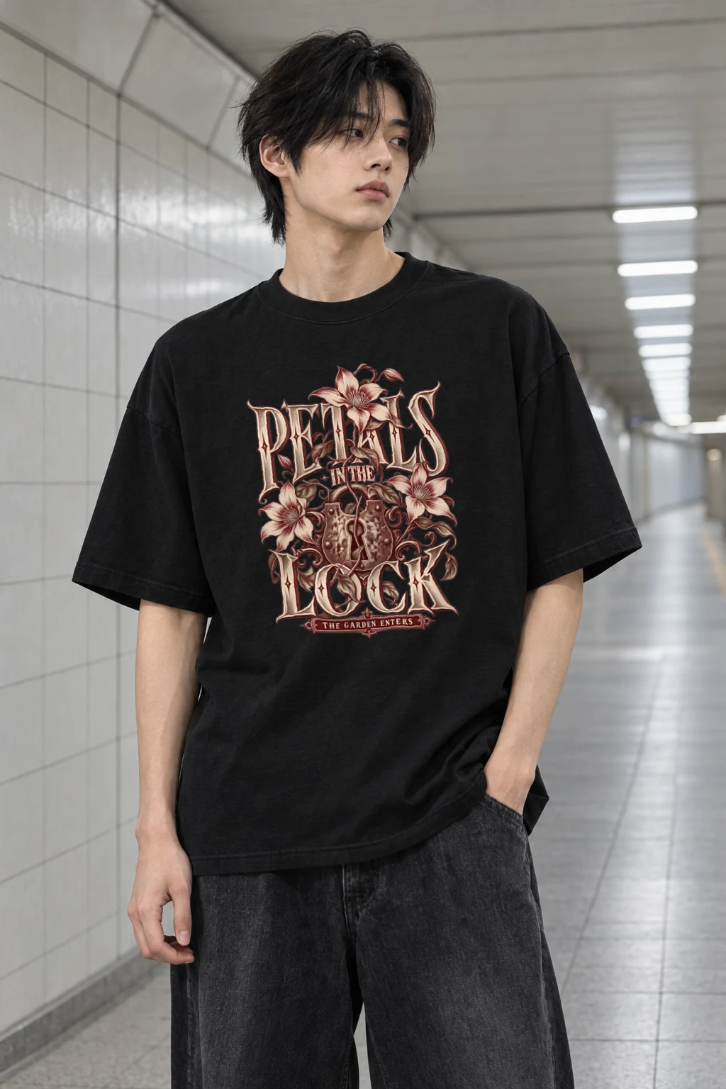 "Petals in the Lock" Men's Oversized Heavyweight Crewneck T-Shirt