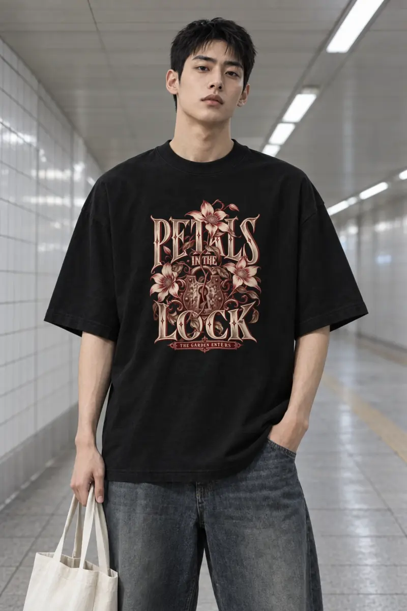 "Petals in the Lock" Men's Oversized Heavyweight Crewneck T-Shirt