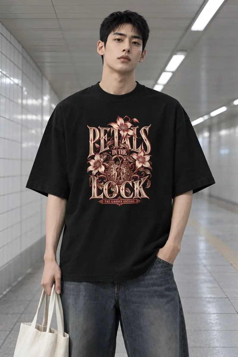 "Petals in the Lock" Men's Oversized Heavyweight Crewneck T-Shirt