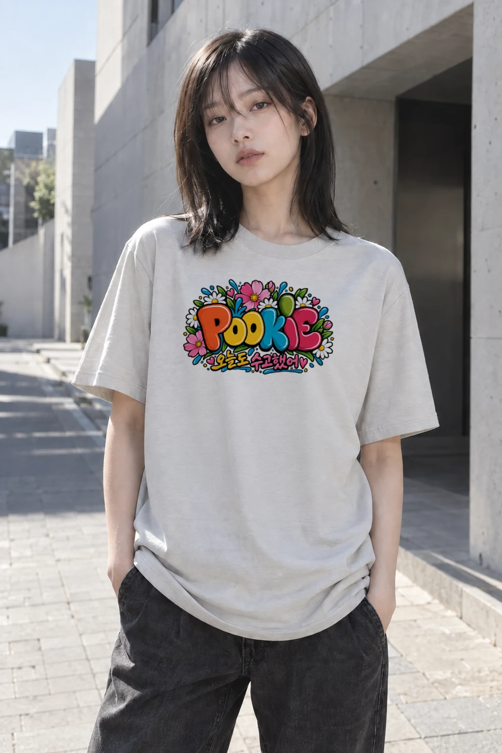 "Pookie 오늘도 수고했어" Heavyweight Unisex Crewneck T-shirt | Gildan 5000
