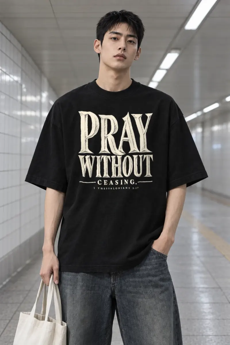 "Pray Without Ceasing" Men's Oversized Heavyweight Crewneck T-Shirt