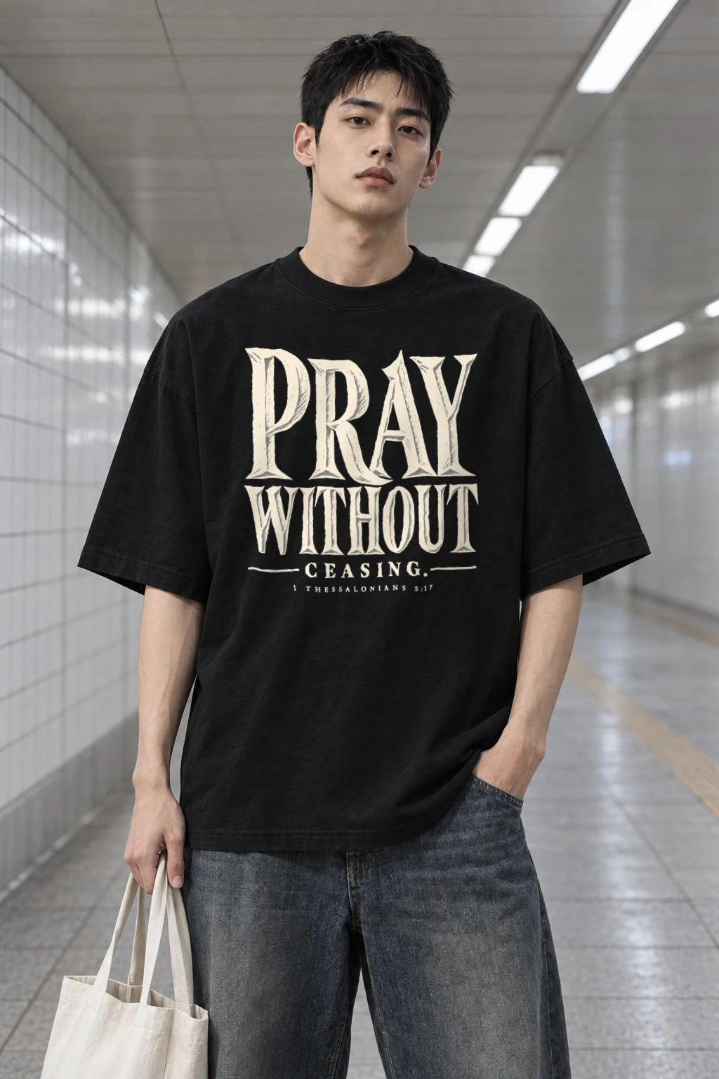 "Pray Without Ceasing" Men's Oversized Heavyweight Crewneck T-Shirt