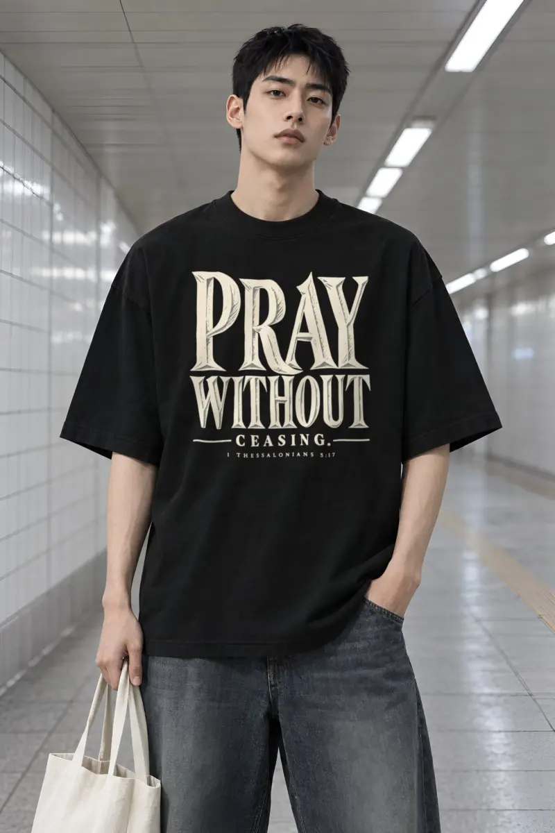 "Pray Without Ceasing" Men's Oversized Heavyweight Crewneck T-Shirt