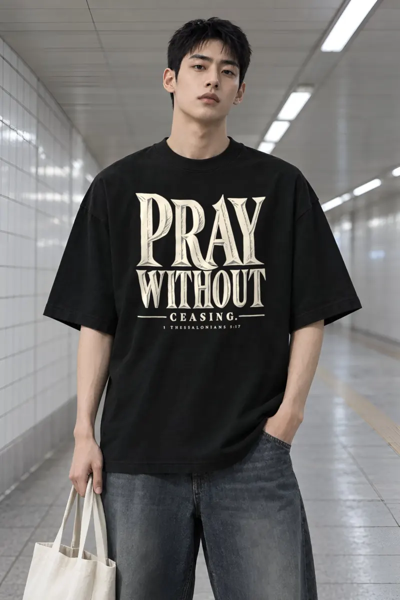 "Pray Without Ceasing" Men's Oversized Heavyweight Crewneck T-Shirt